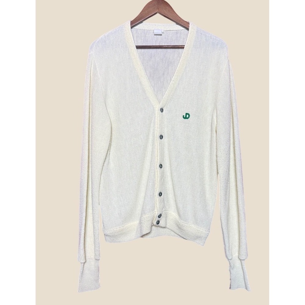 John Deere Knit Cardigan Men Large White Good Vintage V-Neck Embroidered Logo